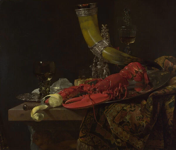 Still Life with the Drinking-Horn of the Saint Sebastian Archers Guild, Lobster and Glasses, c. 1653. Artist: Kalf, Willem (1619-1693)