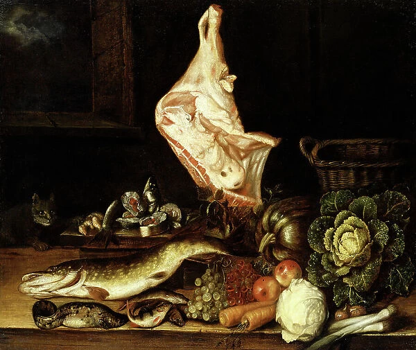 Still Life with a Joint of Veal, Greens and Fish. Creator: Christian von Thum