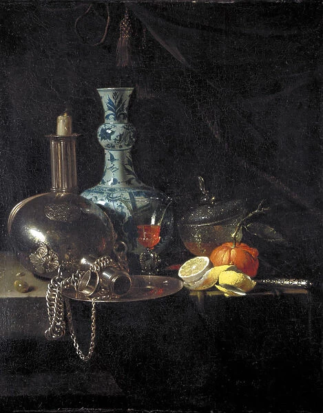 Still life with a pilgrim flask, candlestick, porcelain vase and fruit, 17th century