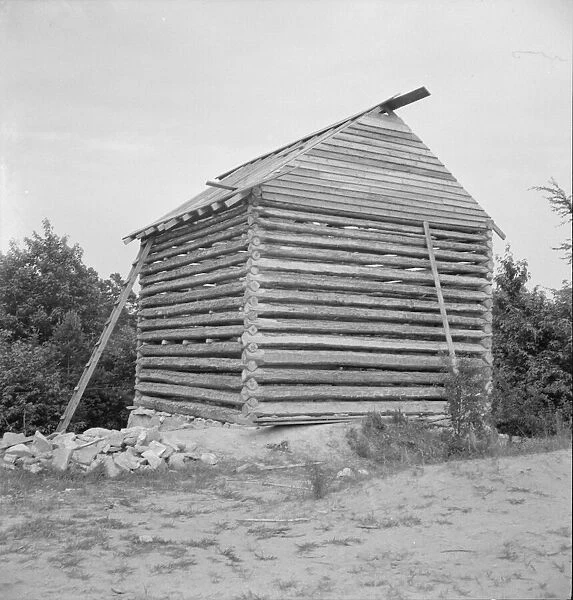 Log cabin barn under construction, near Concord, Person County, North Carolina, 1939. Creator: Dorothea Lange