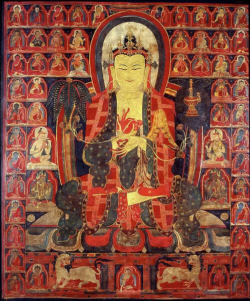 Maitreya with the thirty-five Buddhas of forgiveness of sins and the master of the..., 15th cent. Creator: Tibetan Culture