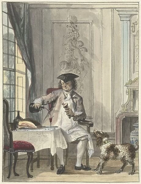 Man dining with a glass of wine and a joint of meat, 1706-1750. Creator: Cornelis Troost