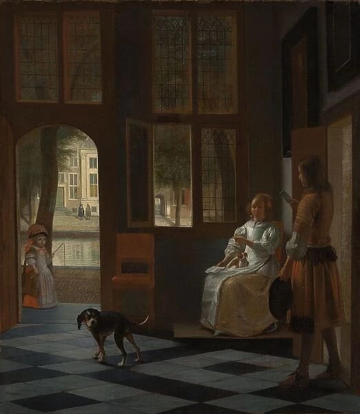 Man Handing a Letter to a Woman in the Entrance Hall of a House, 1670. Creator: Pieter de Hooch
