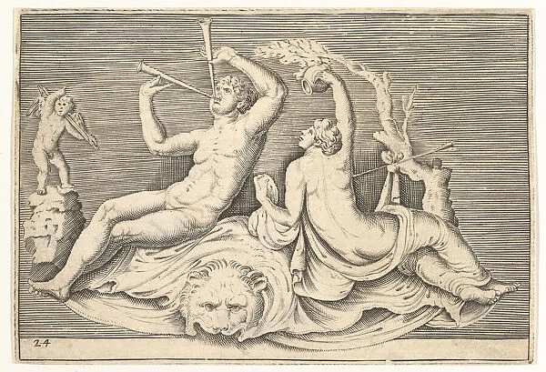 Man Playing Two Flutes and Woman on Lionskin, published ca. 1599-1622. Creator: Unknown