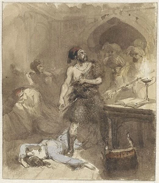 A man pointing to a woman lying on the floor, 1824-1888. Creator: Charles Rochussen