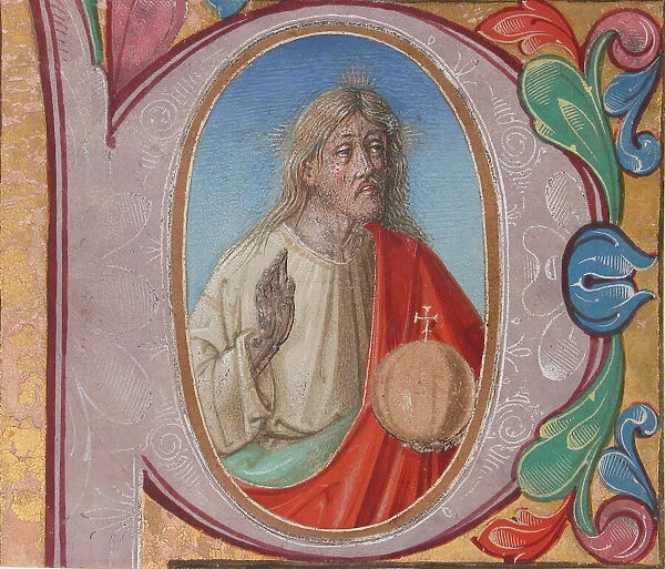 Manuscript Illumination with Salvator Mundi in an Initial P, from a Choir Book, Italian