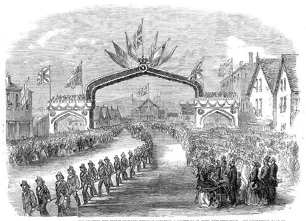 The members of the fire companies drawing the Prince of Wales through Carleton... 1860. Creator: Unknown