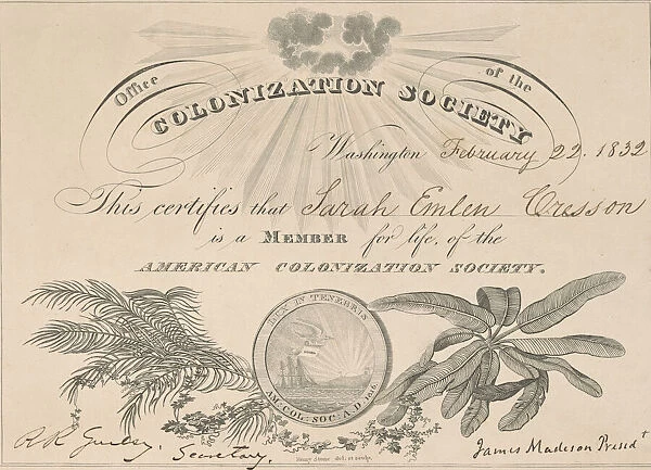 Membership certificate to the American Colonization Society, February 22, 1832