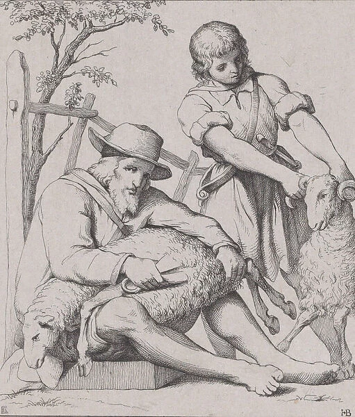 Two men sheep shearing, ca. 1842. Creator: Eduard Julius Friedrich Bendemann