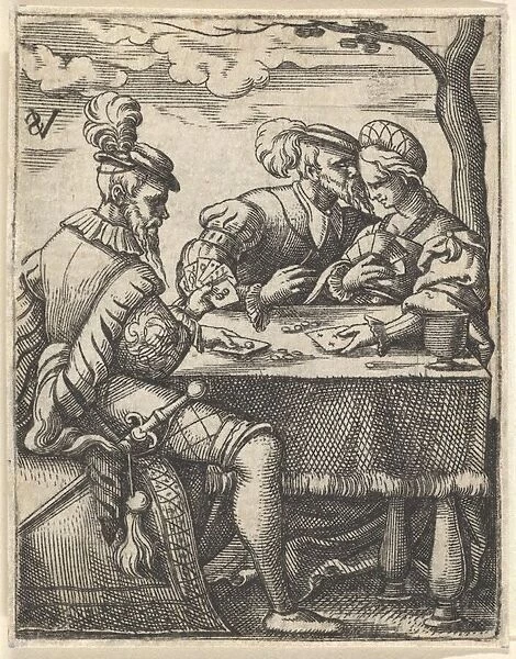 Two men and a woman playing cards at a table, one man pressing his nose toward the