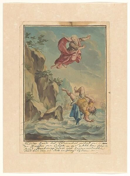Mentor throws Telemachus off a cliff and jumps after him, 1719-1775. Creator: Ruik Keyert