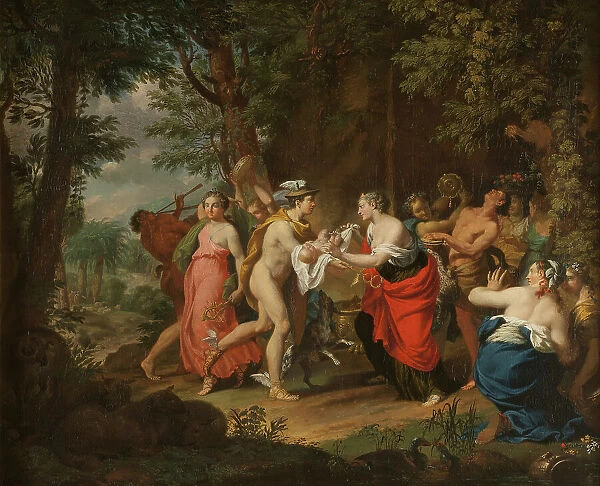 Mercury Confiding the Child Bacchus to the Nymphs on Nysa, 18th century. Creator: Marcus Tuscher