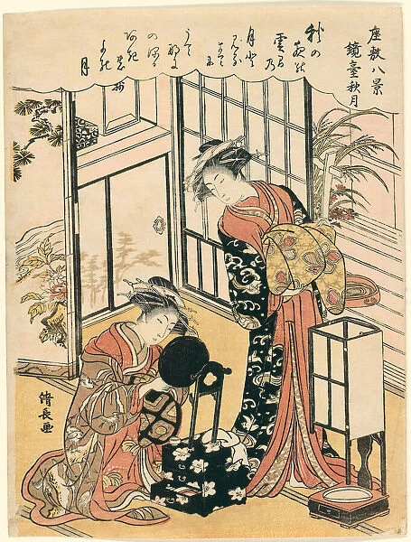 A Mirror on a Stand Suggesting the Autumnal Moon (Kyodai no shugetsu), from the series... c. 1777. Creator: Torii Kiyonaga