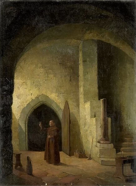 A monk in a cellar, holding a glass, 1800-1900. Creator: F. Taupel