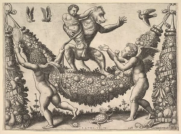 A monkey holding a bound putto standing on a garland in front of which are two winged p