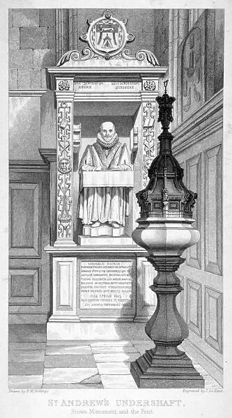 Monument to John Stow and font in St Andrew Undershaft, 1837