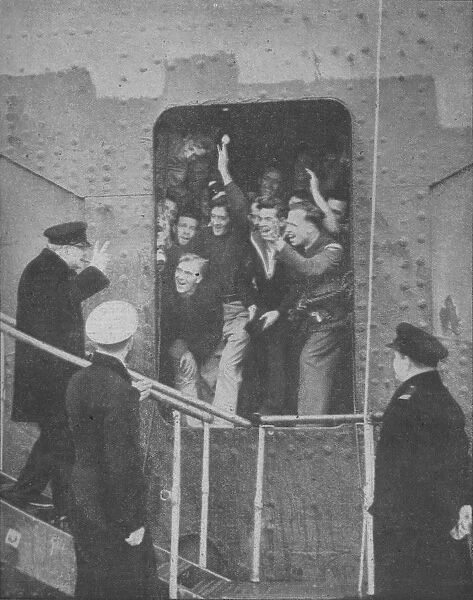 Mr. Churchill gives the V-Sign to cheering members of the ships crew, 1943-1944