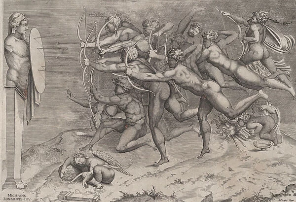 Naked archers shooting at a target attached to a herm, Cupid sleeping below, possib