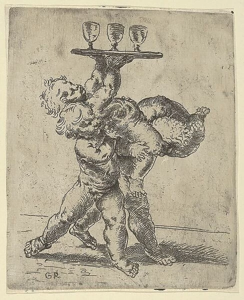 Two naked boys carrying a third who supports a tray with three goblets, after Ren... ca. 1600-1640. Creator: Anon