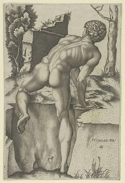 Naked man viewed from behind climbing a river bank, after Michelangelo, ca. 1509. Creator: Marcantonio Raimondi