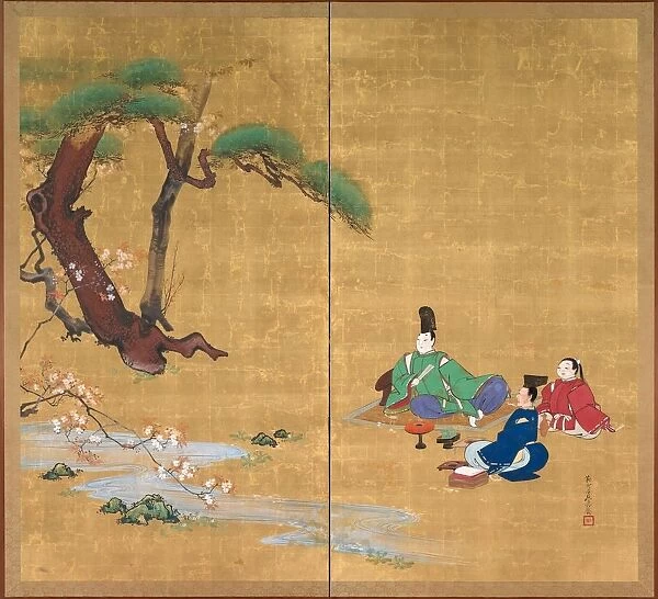 Narihira Viewing the Cherry Blossoms, late 1800s. Creator: Shibata Zeshin (Japanese, 1807-1891)