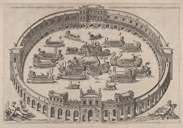 Naval engagement set inside a Roman arena, with the river Tiber and nymphs at lower lef