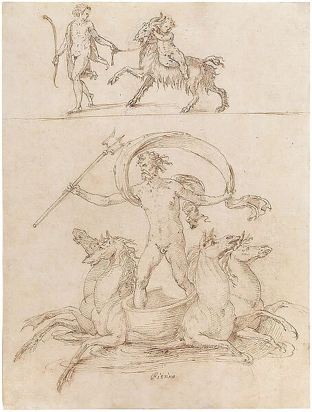 Neptune riding his chariot the infant-god Zeus riding the Goat Amalthea. Creator: Perino del Vaga (1501-1547)