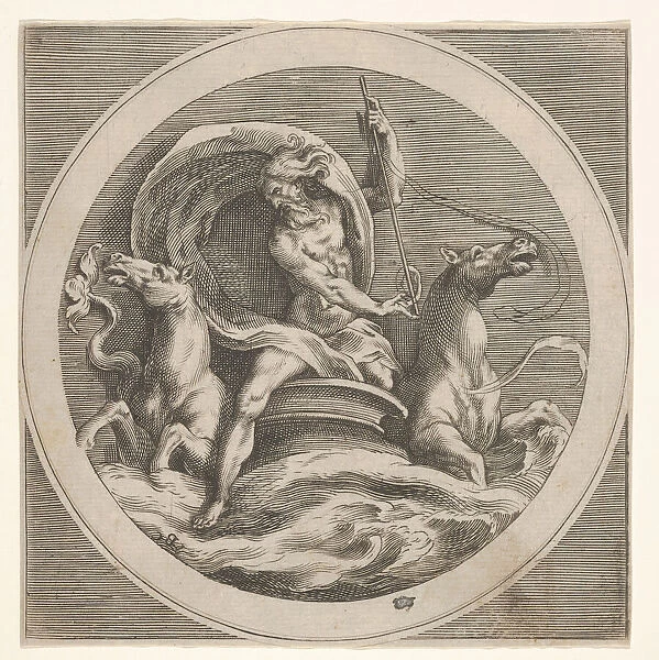 Neptune rising from the sea and bearing a staff, accompanied by two horse-headed... ca