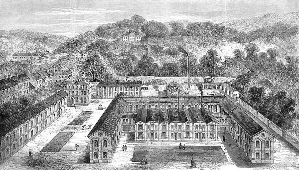 The new Sèvres porcelain manufactory in the park of St. Cloud: bird's eye view of...workshops, 1864. Creator: Unknown