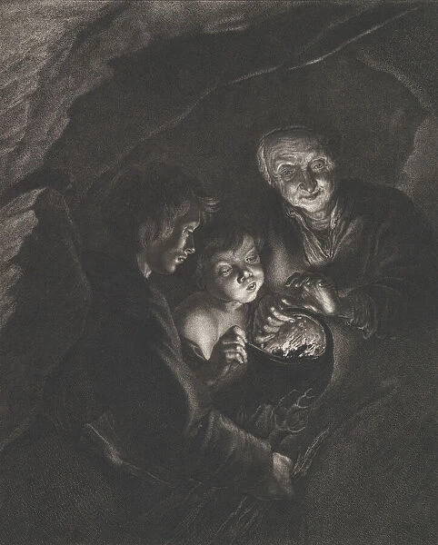 Night scene in a cave with an old woman holding burning coals in a pot, a boy blowi