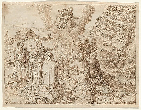 Noah's Sacrifice, plate IX from The Creation and Early History of Man, 1606. Creator: Jan Wierix