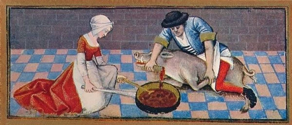 November - slaughtering the pig, 15th century, (1939). Creator: Robinet Testard