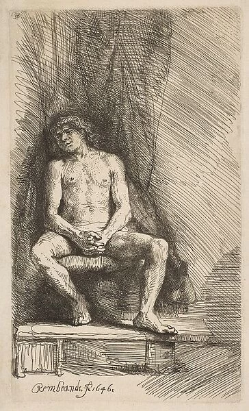 Nude Man Seated before a Curtain, 1646. Creator: Rembrandt Harmensz van Rijn