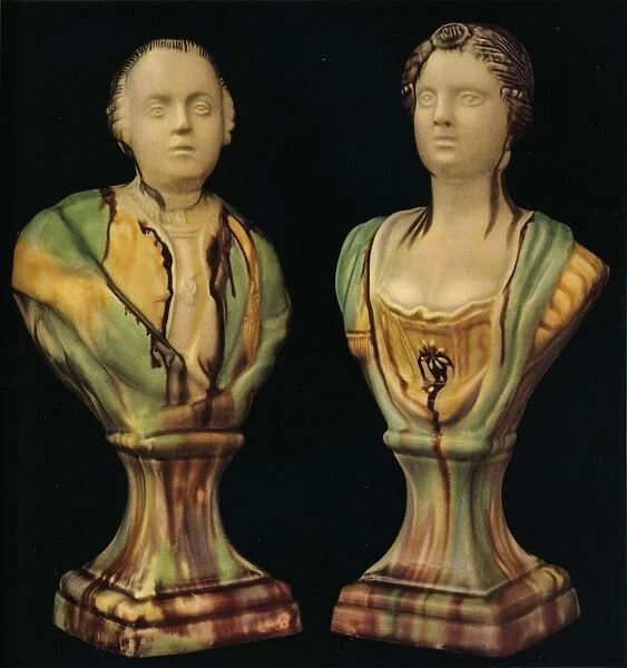 A Pair of Staffordshire Earthenware Busts Representing King George III and Queen Charlotte, with Tr