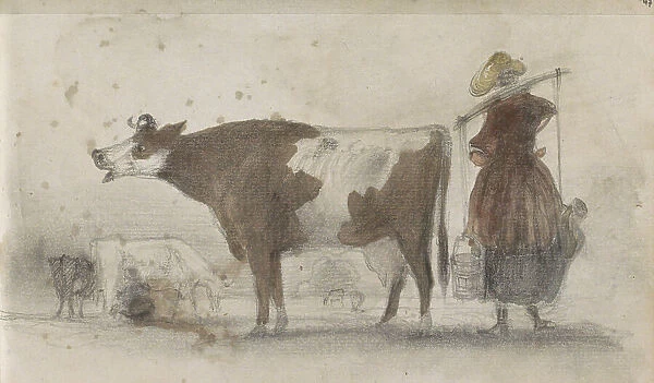 Pasture with cows and a farmer's wife with a yoke, 1864-1880. Creator: Johannes Tavenraat