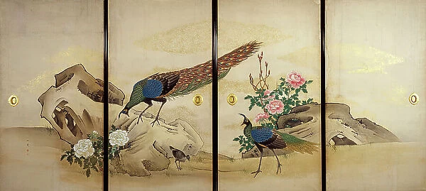 Peacock and Peahen with Chick and Peonies, c1840-50. Creator: Mori Ippô