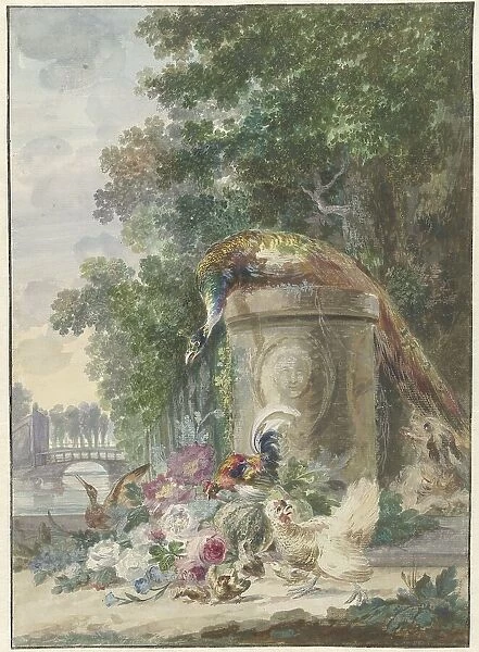 Peacock and Poultry in a Park, Chased by a Dog, c.1775-c.1800. Creator: Arie Lamme