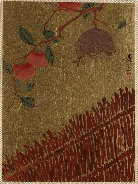 Persimmons Branch and Wasp Nest above a Hedge. Creator: Shibata Zeshin