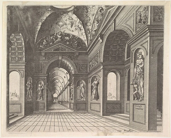 Perspective view of the interior of a hall, with cross-vault decorated with grot