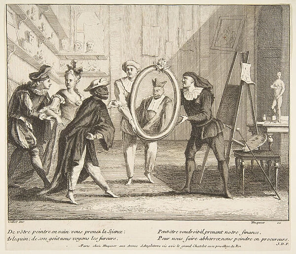 Pierrot and Scaramouche show the portrait of Harlequin. n. d