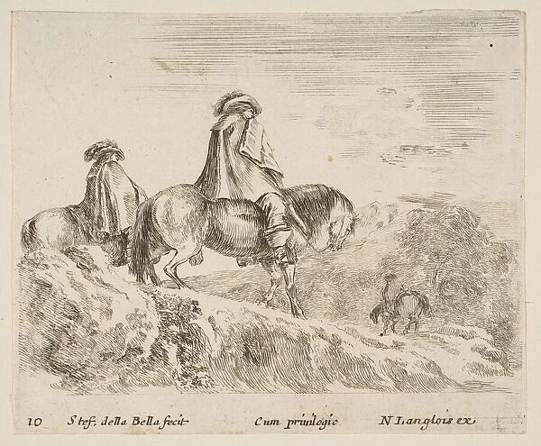 Plate 10: two horsemen descending a mountain at left, another horseman to right in