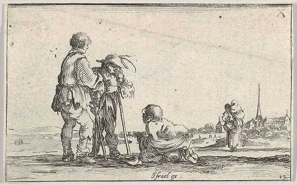 Plate 13: two peasants standing to left, a cripple kneeling on the ground in center, a