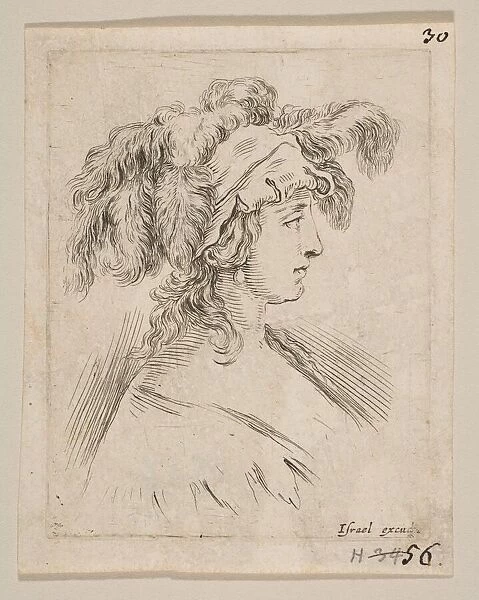 Plate 15: mid-bust of a young woman in profile wearing a hat topped with feathers, fro