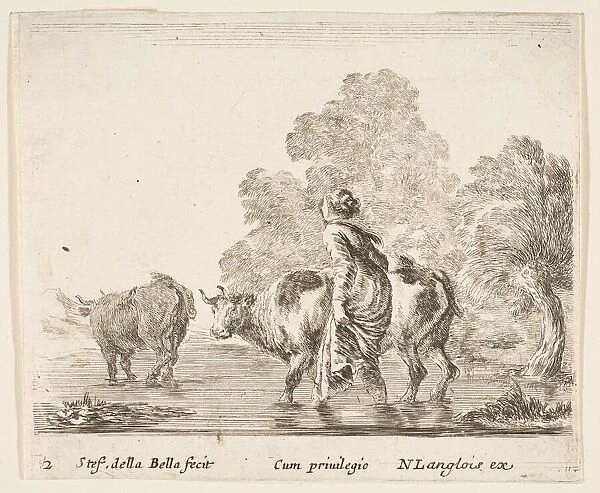Plate 2: a peasant woman herds two cows across a stream, walking towards the left... ca