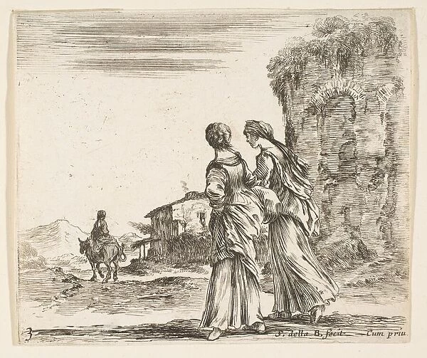 Plate 3: two girls walking towards the left, seen from behind, a woman on a horse t