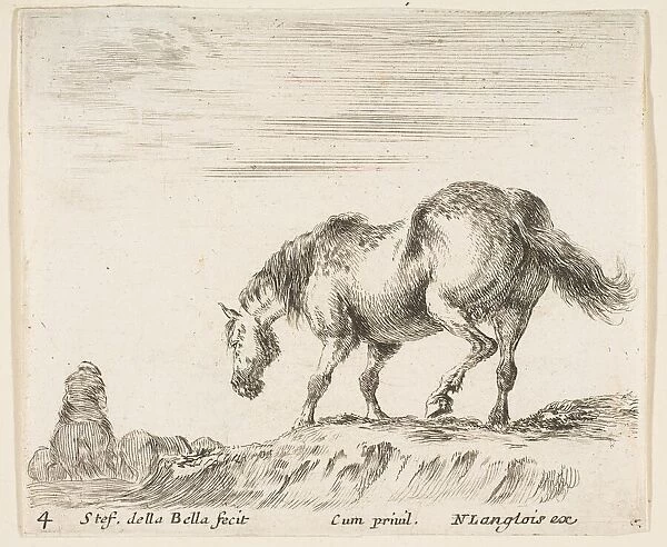 Plate 4: a horse in profile facing the left, about to descend from a mound, a horse