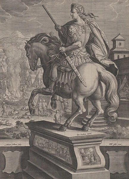 Plate 8: equestrian statue of Otho, seen from behind, his death scene in the backgr
