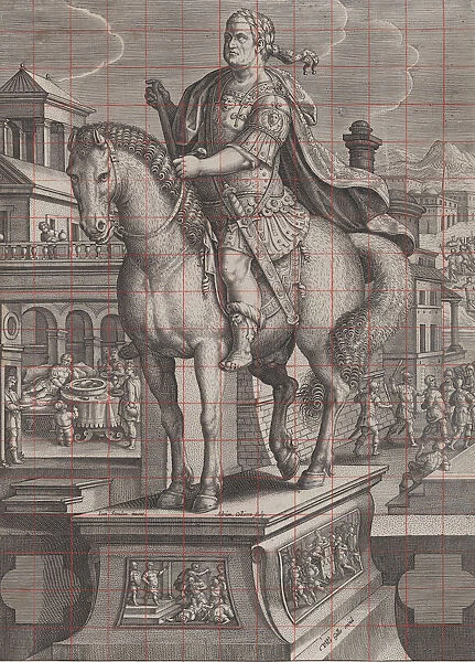 Plate 9: equestrian statue of Vitellius, seen three-quarters to the left, with his