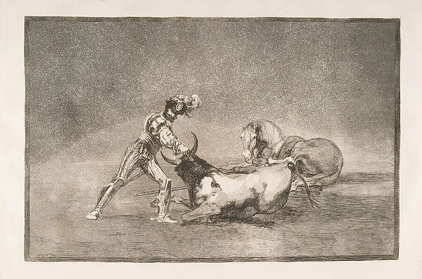 Plate 9 of the Tauromaquia : A Spanish knight kills the bull after having lost his horse