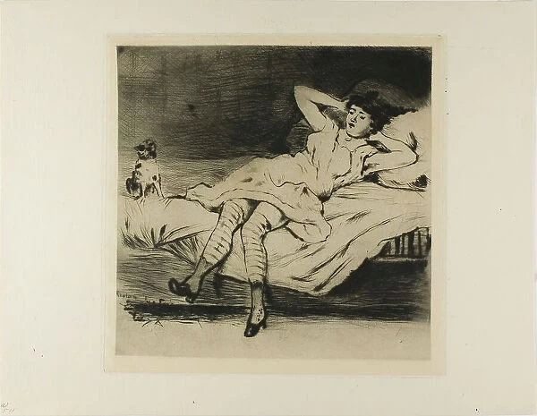 Plate from l'Assommoir (dancer reclining on bed, with cat), 1878. Creator: Gaston la Touche